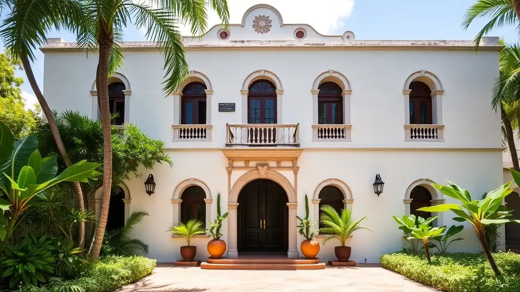 Exterior of the Hacienda Xcanatun, a beautifully restored colonial-era building with lush gardens and a grand entrance, showcasing its historical architecture and serene atmosphere.