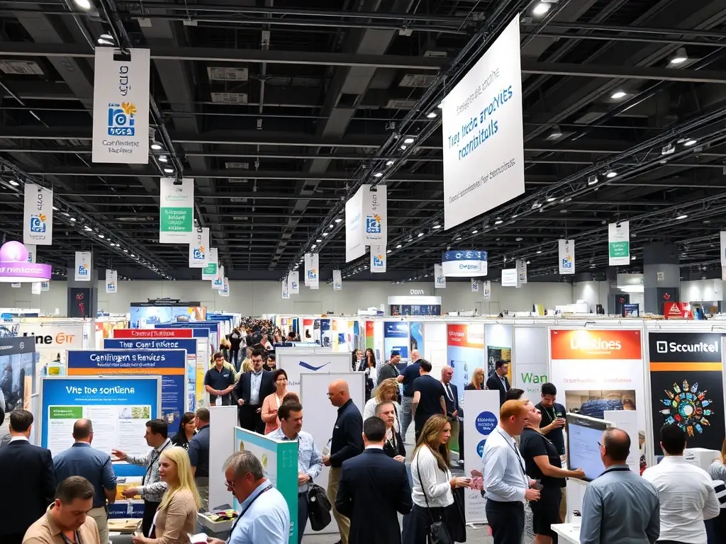 A photograph showcasing the expo area at the Linkedup Freedom Summit, featuring entrepreneurs presenting their products and services to attendees.