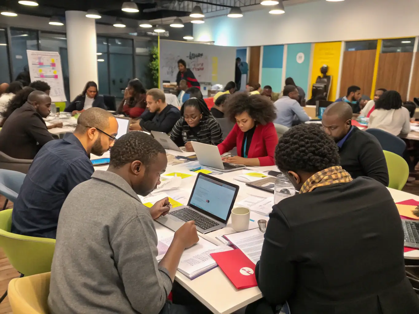 A photograph capturing participants actively engaged in a hands-on workshop session at the Linkedup Freedom Summit, collaborating on a project and sharing ideas.