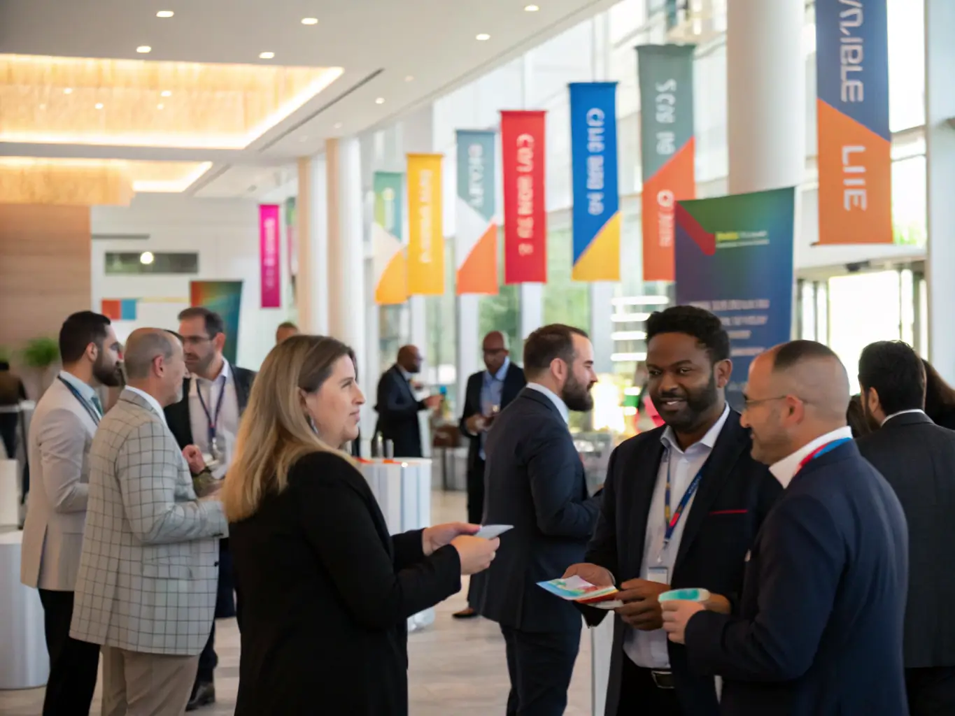 An image depicting a lively networking session at the Linkedup Freedom Summit, with diverse entrepreneurs engaging in conversations and exchanging business cards.