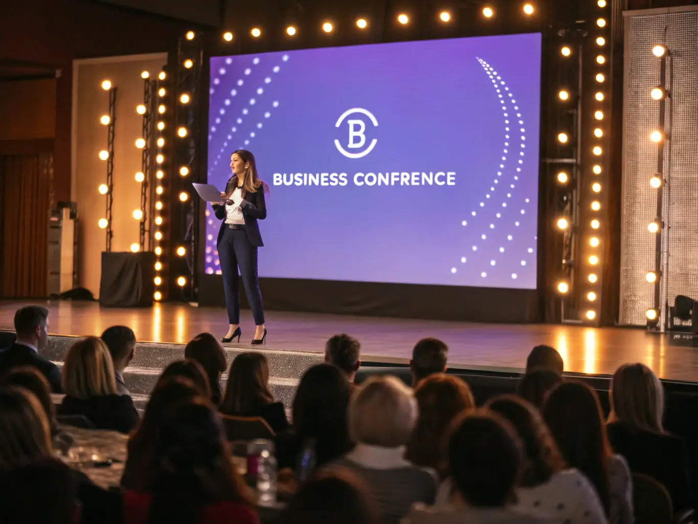 A photograph capturing a dynamic keynote speaker addressing a captivated audience at the Linkedup Freedom Summit, with the stage adorned with the event logo and branding.