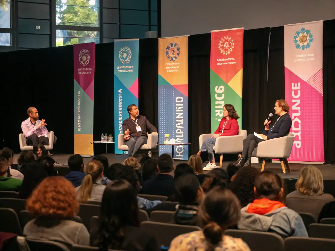A photograph showcasing an engaging expert panel discussion at the Linkedup Freedom Summit, featuring diverse panelists answering questions from the audience.